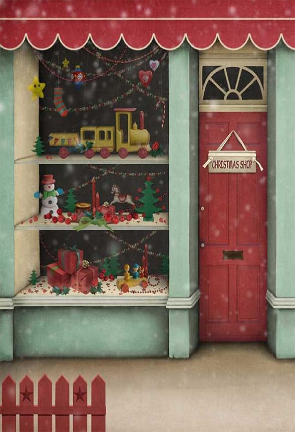 a painting of a store front with christmas decorations