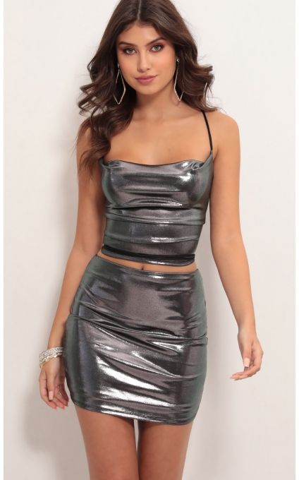 Skirts > Manda Metallic Set in Iridescent Silver Kapten Marvel, Classy Edgy, Women Silk Dress, Sunset Blvd, Vinyl Clothing, Shiny Dresses, Metal Clothing, Hour Glass, Shiny Clothes