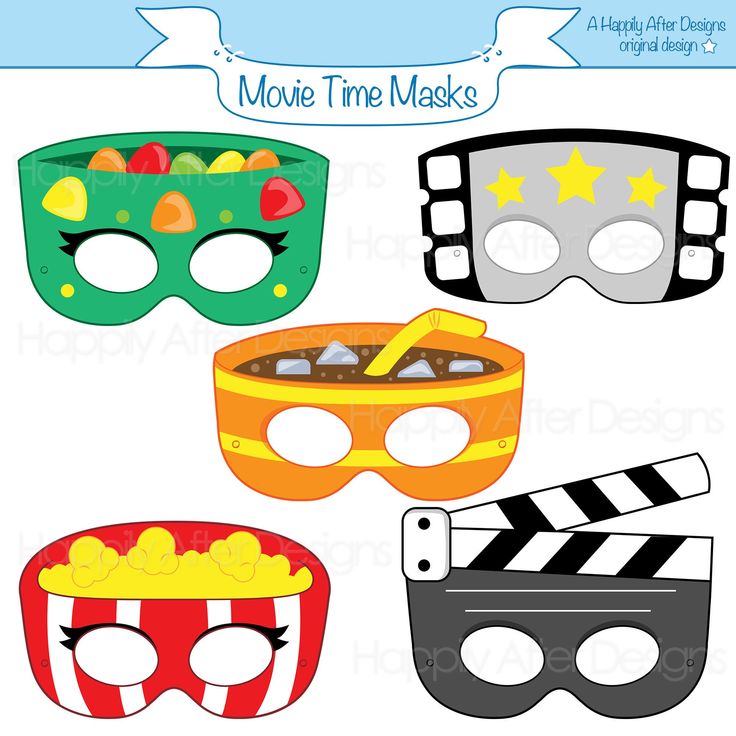 four masks with different colors and designs on them, one has a movie clapper