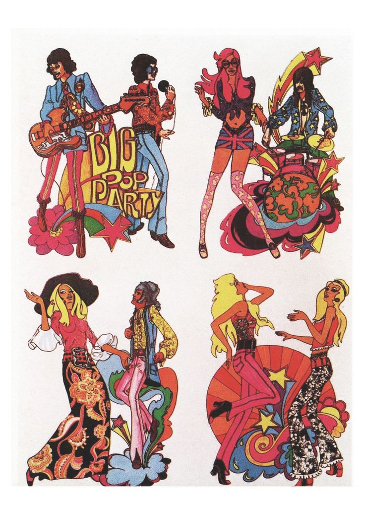 an advertisement for the big party featuring four women in colorful outfits and one man holding a guitar