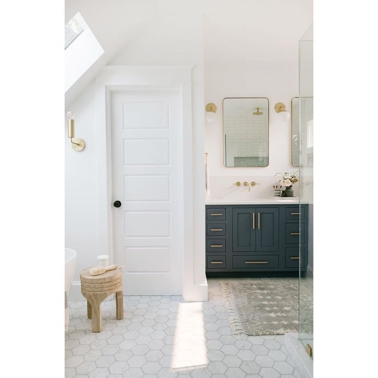 a bathroom with white walls and blue cabinets