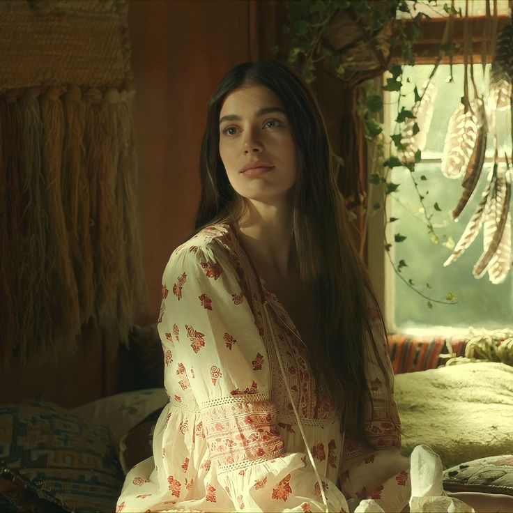 a woman sitting on top of a bed next to a window