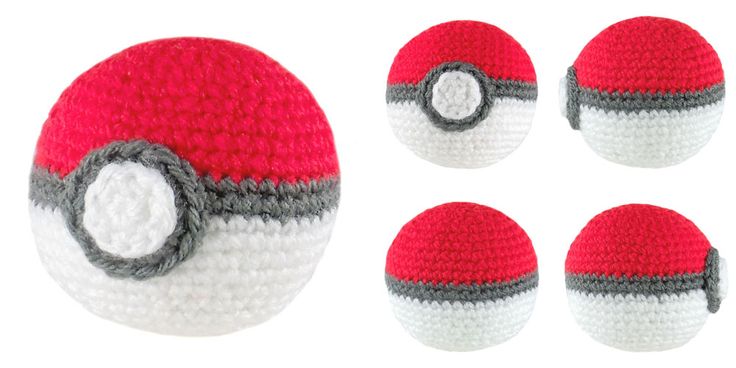 crocheted pokeballs and balls are shown in red, white, and grey