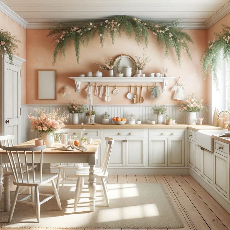 a kitchen filled with lots of white furniture and flowers on the wall above the counter