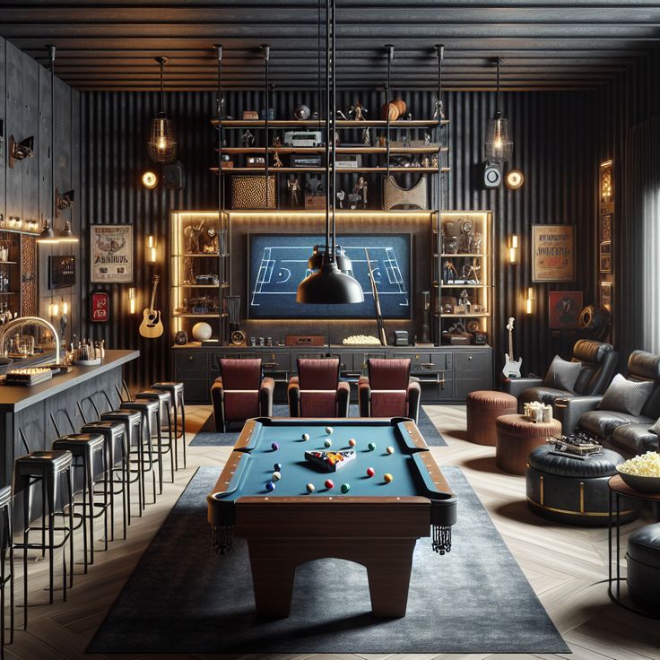 Enter an ultra-cool man cave fitted with a pool table, home theater, full-sized bar, and a foosball table. Indulge in timeless leisure surrounded by dark hues, industrial lighting, and iconic sports memorabilia. A gamer's paradise ready for fun! 

#ManCave #HomeBar #HomeTheater #GamerRoom #PoolTable #SportsMemorabilia Cool Pool Table Rooms, Garage Billiard Room, Tv Room With Pool Table, Sports Lounge Ideas, At Home Sports Bar, Man Cave Basement Sports, Man Cave Wet Bar, Dark Game Room, Dark Man Cave