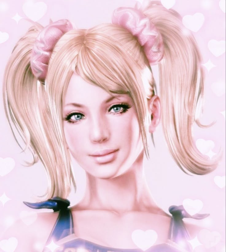 a digital painting of a blonde girl with blue eyes and pink bows on her head