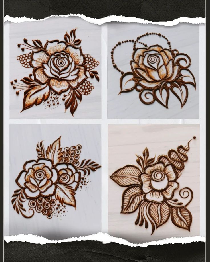 four different pictures of flowers and leaves on the side of a piece of white paper