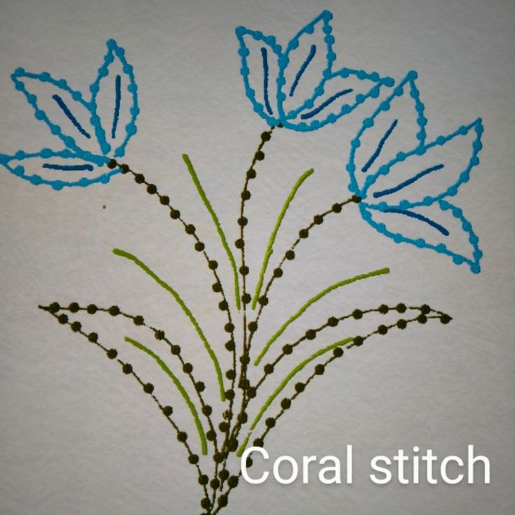 two blue flowers are drawn on white paper with the words coral stitch written below it