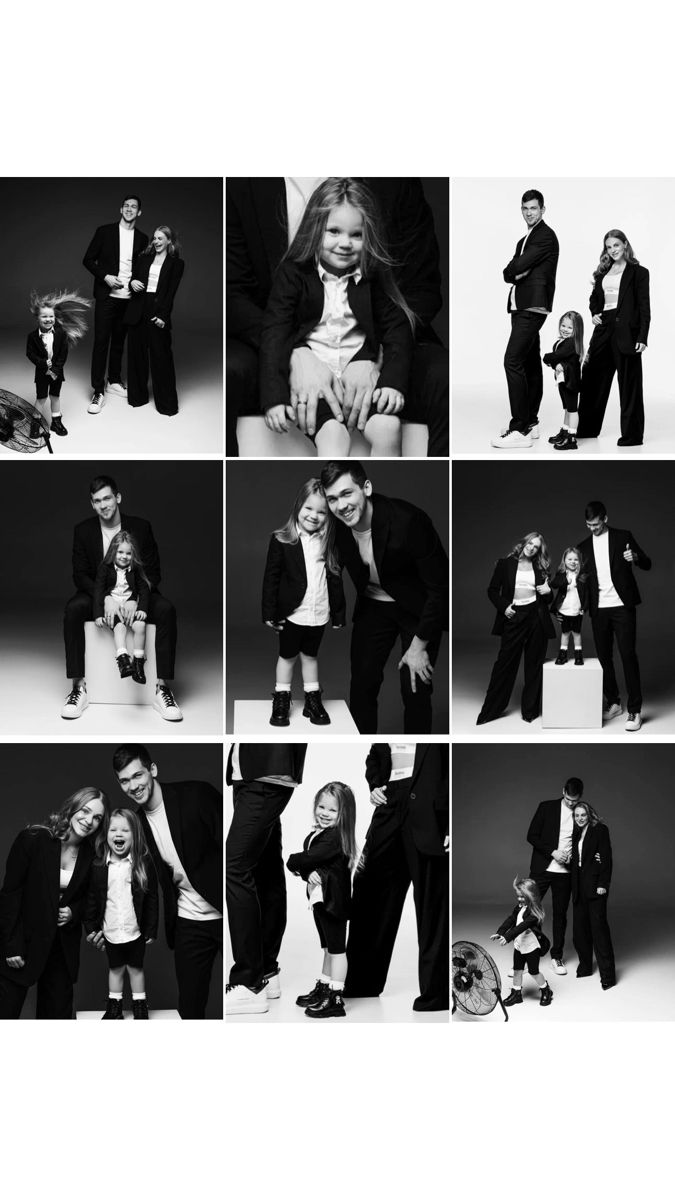 black and white photo collage of people posing for pictures with one child on his lap