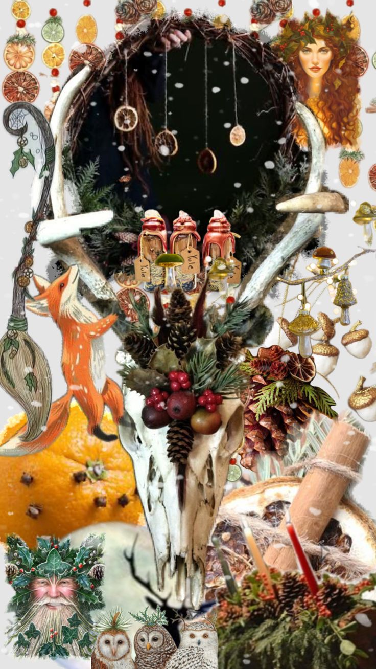 a collage of christmas decorations and deer's head