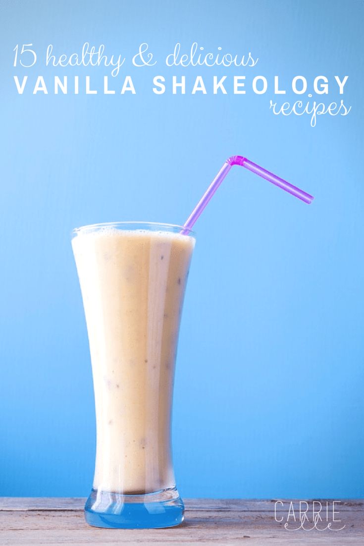 a smoothie in a tall glass with a pink straw on the side and text overlay that reads, 15 healthy & delicious vanilla shakeology recipes