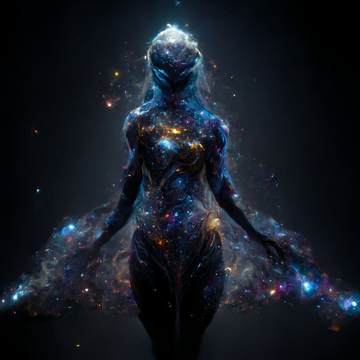 a woman standing in space with her arms spread out to show the body and head