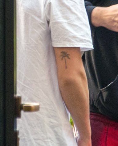 a man with a small palm tree tattoo on his left arm and right arm behind him