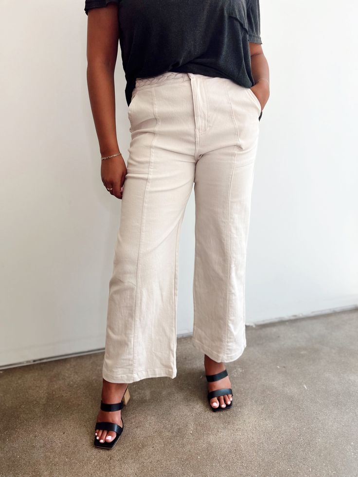 These high waisted pants feature a unique braided detail at the waist, adding a touch of sophistication. With a button and zipper closure and a lightweight, non-sheer fabric, these pants are versatile and comfortable. Perfect for any occasion, these woven pants will become a staple in your wardrobe! Available in other colors. 97% Cotton, 3% Spandex Free shipping on all orders over $75. Packaged with love and shipped from Shanty Boutique warehouse in Newport, Washington. For questions, call (509) Trendy Soft-washed Cotton Pants, Cotton Wide Leg Bottoms Pre-washed, Beach-ready Relaxed Fit Wide Leg Pants, Wide Leg Pre-washed Cotton Bottoms, Beach Wide Leg Pull-on Pants, Boutique Warehouse, Wide Leg Denim Pants, Denim Short Dresses, White Accessories