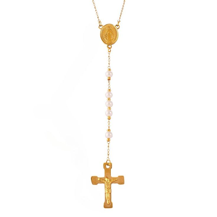 Jesus Cross Pendant Long Pearl Necklace White Cross Chain Jewelry, Elegant Crucifix Chain Necklace, White Cross-shaped Chain Jewelry, Elegant Crucifix Metal Necklace, Elegant Metal Crucifix Necklace, Elegant Pearl Pendant Crucifix Jewelry, Elegant White Crucifix Necklace, Spiritual Cross-shaped Pearl Chain Jewelry, Gift Jewelry Chain With Crucifix Shape