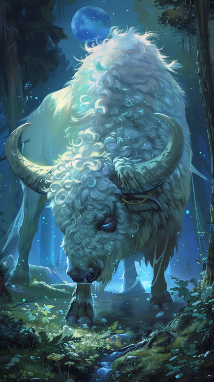 an animal that is standing in the grass by some trees and water with it's horns curled up