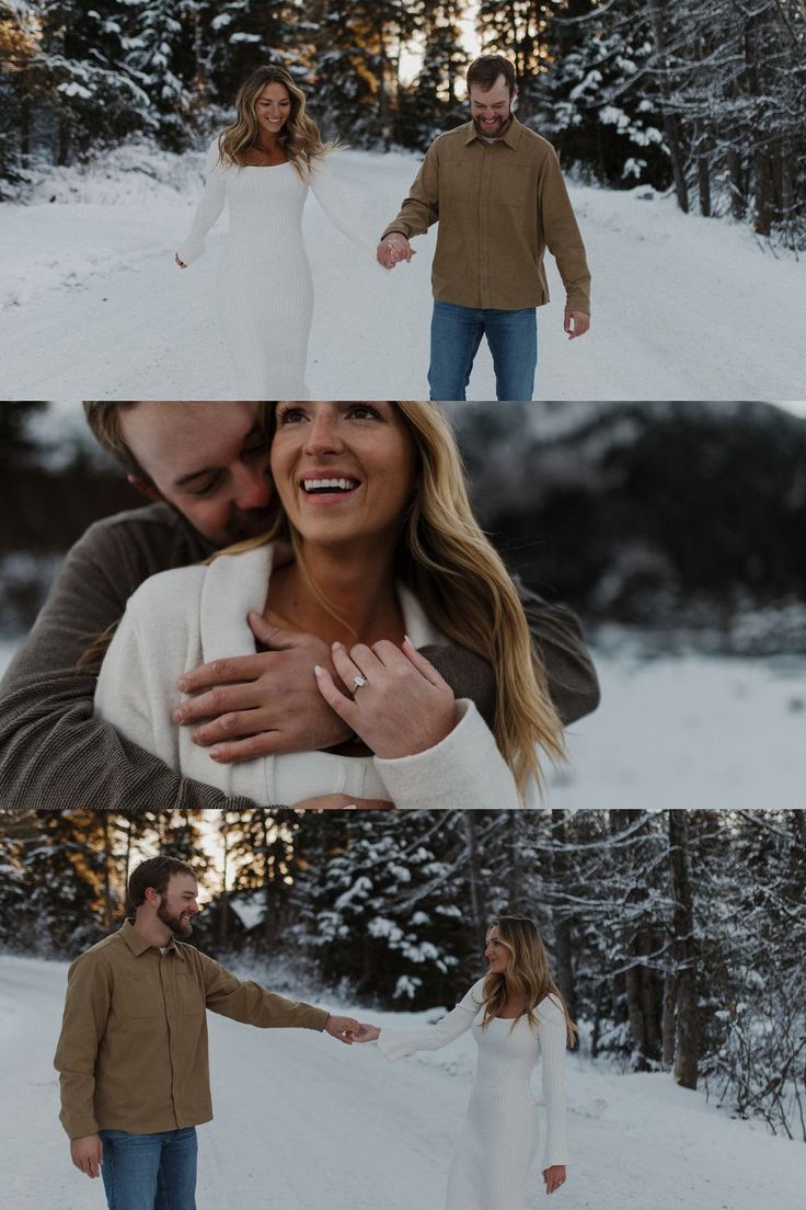 a man and woman holding hands in the snow