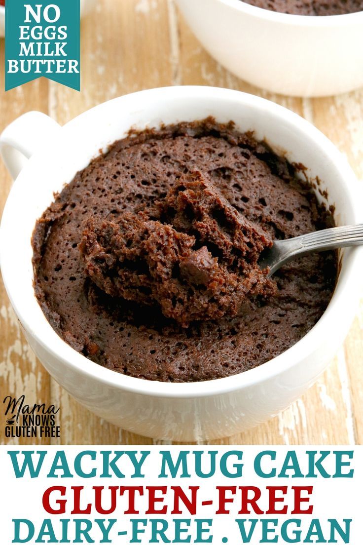 two bowls filled with chocolate cake pudding on top of a wooden table and the words wacky mug cake gluten free dairy - free vegan