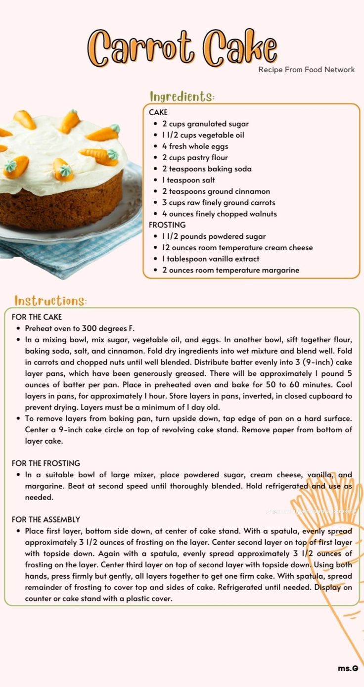 a recipe for carrot cake with frosting and toppings on the top is shown