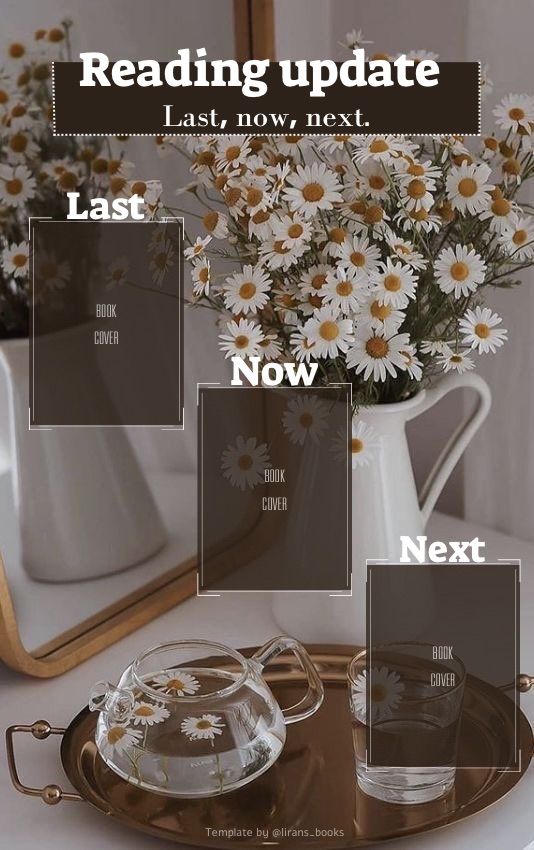 the table is set with daisies and tea cups on it, next to a mirror that says reading update last now