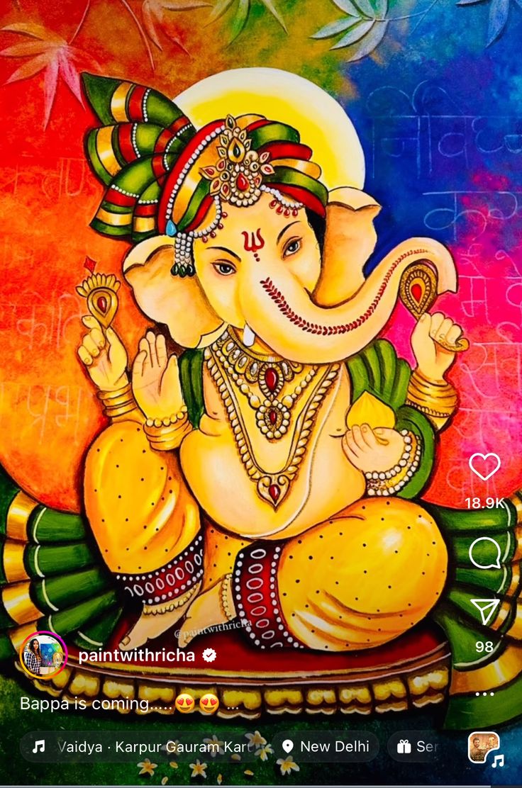 an image of the god ganesha on a colorful background with flowers and leaves