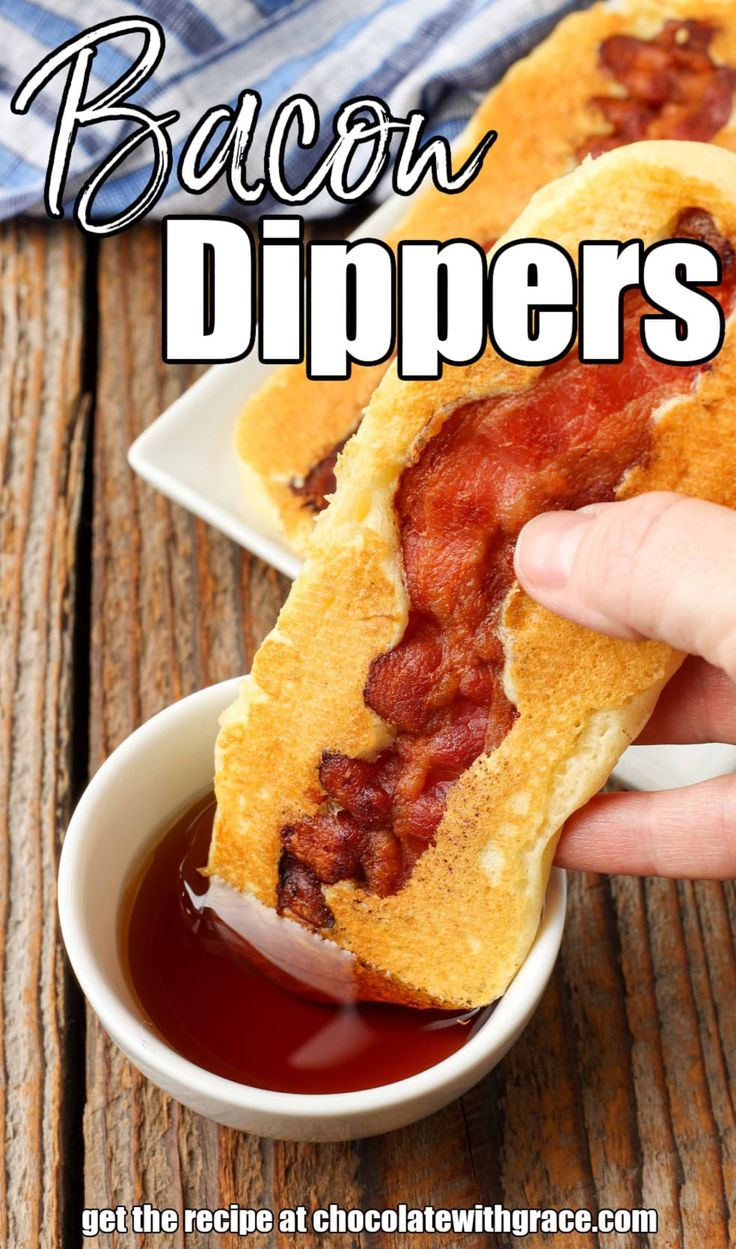 bacon dippers in a bowl being held up by someone's hand with the title below