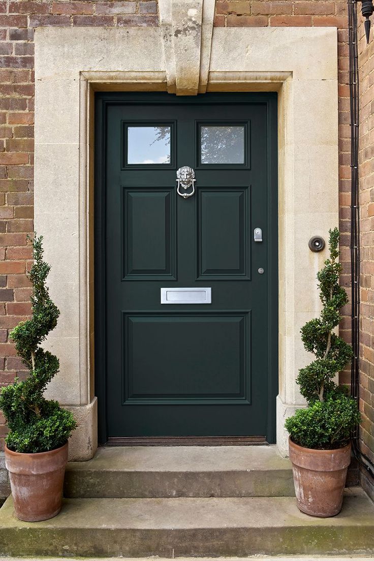 a green door with two potted plants on the steps