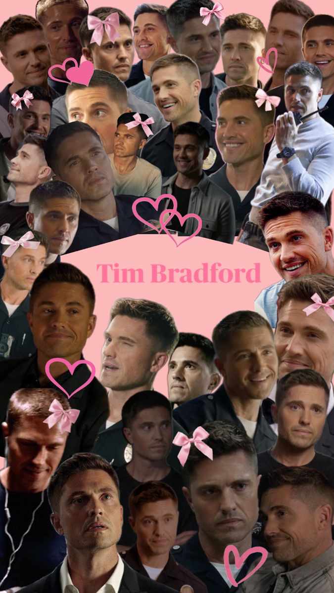 a collage of people with hearts and the words tim bradford in pink over them