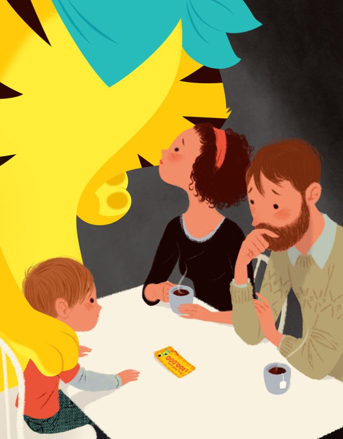 a family sitting at a dinner table with the child in front of them looking up