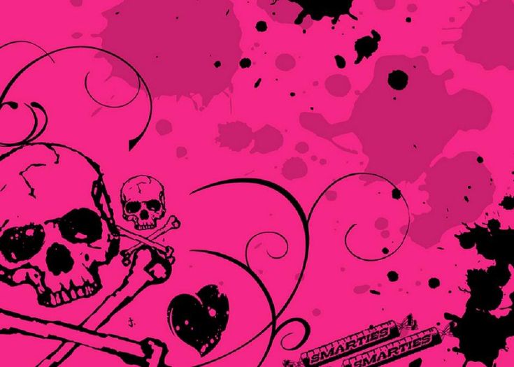 a skull and crossbones on a pink grungy background with black splatters