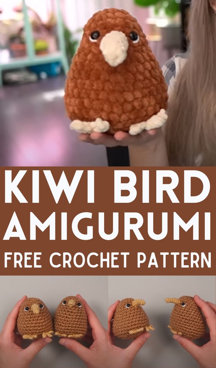 two crocheted birds are shown with the text kiwi bird amigurmi free crochet pattern