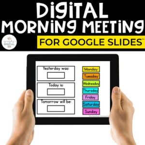 someone is holding up a tablet with the words digital morning meeting for google slides