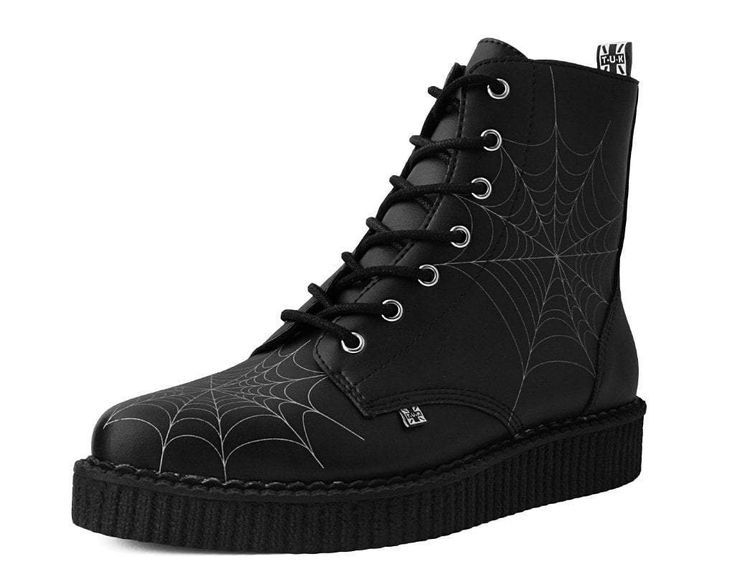 Black TUKskin™ 7-Eye Spiderweb Glow Boot Black Spiders, Creeper Boots, Spiders Web, Pointed Boots, Black Spider, Shoes Outlet, Eyelet Lace, Creepers, Black 7