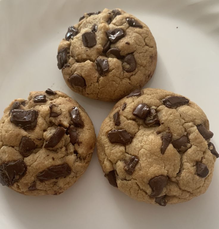 three chocolate chip cookies on a white plate