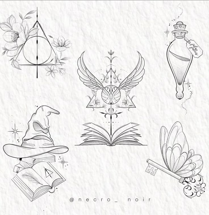 some harry potter symbols are shown in black and white, including an owl, a hogwart