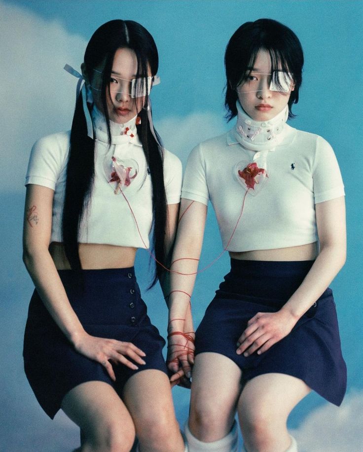 two young women sitting on top of each other with headphones in their ears and wearing short skirts