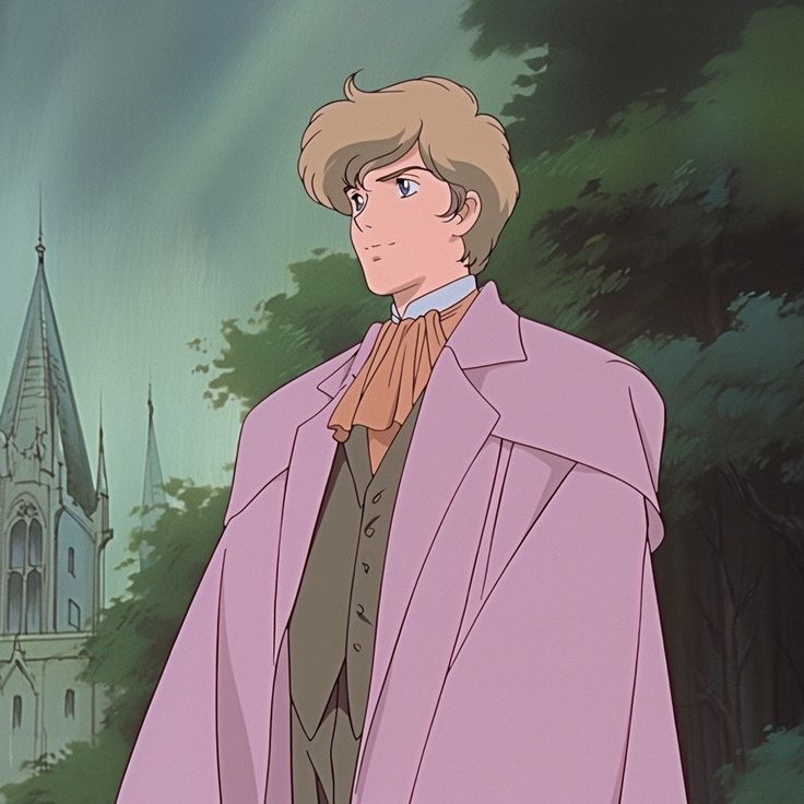 an animated image of a man in a purple coat and brown pants standing next to a castle