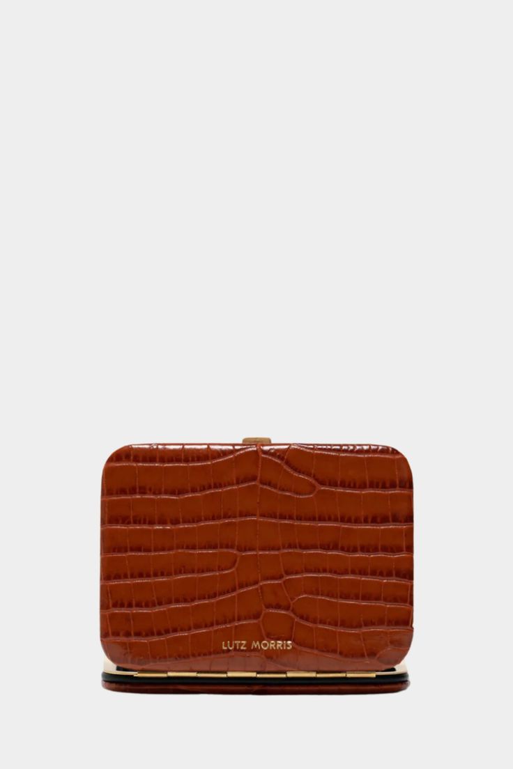 Nolan Card Holder, Cognac 'Croco' – Kick Pleat Kick Pleat, Stainless Steel Frame, Houston Texas, Embossed Logo, Dream Wardrobe, Sale Design, Steel Frame, Cognac, Loafer Flats