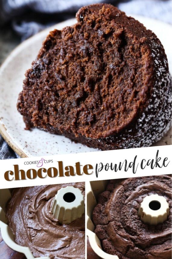 chocolate pound cake on a white plate with three pictures showing the inside and outside pieces