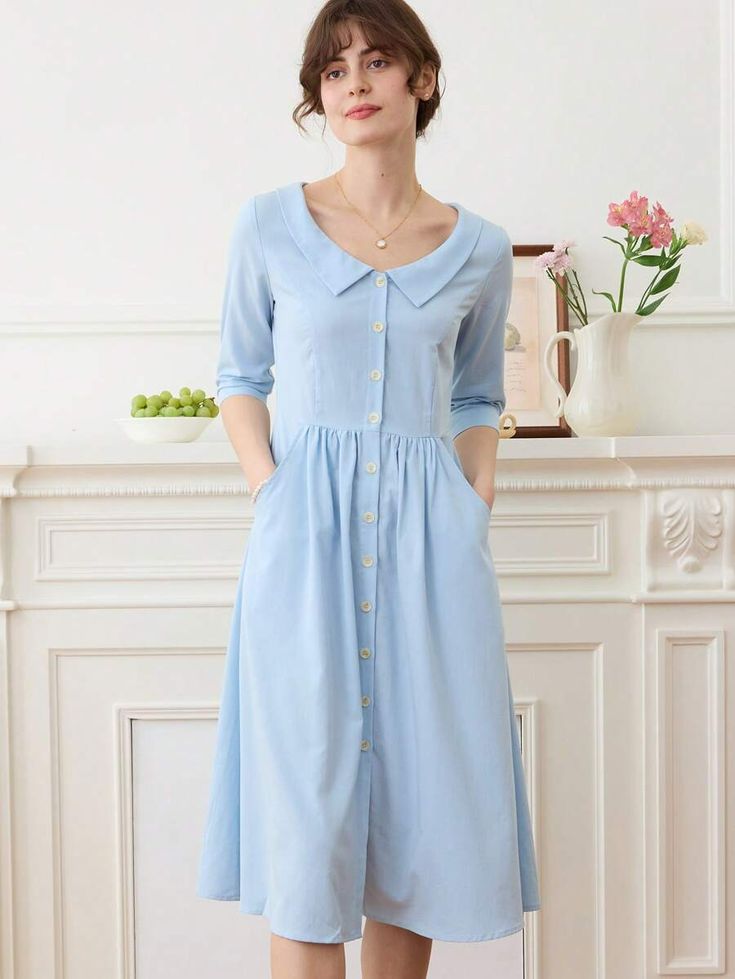 Simple Retro Solid Button Front Shirt Dress | SHEIN USA Blue Sweet Pea, Modern Clothing Rack, Button Front Shirt Dress, Simple Retro, Fashion Photography Poses, Button Front Dress, Vintage Style Dresses, Dress Shapes, Pan Collar