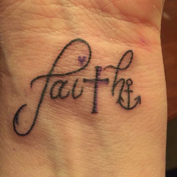 a small wrist tattoo with the word faith on it