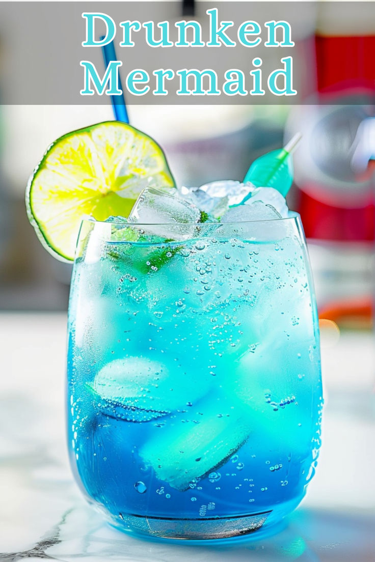 the drink is blue and has a lime slice in it