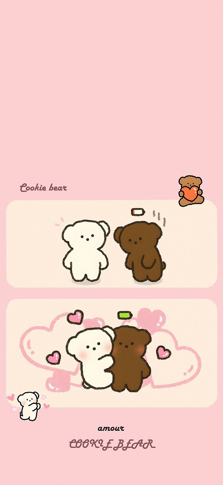 two cartoon bears sitting next to each other on a pink background with the words love is in