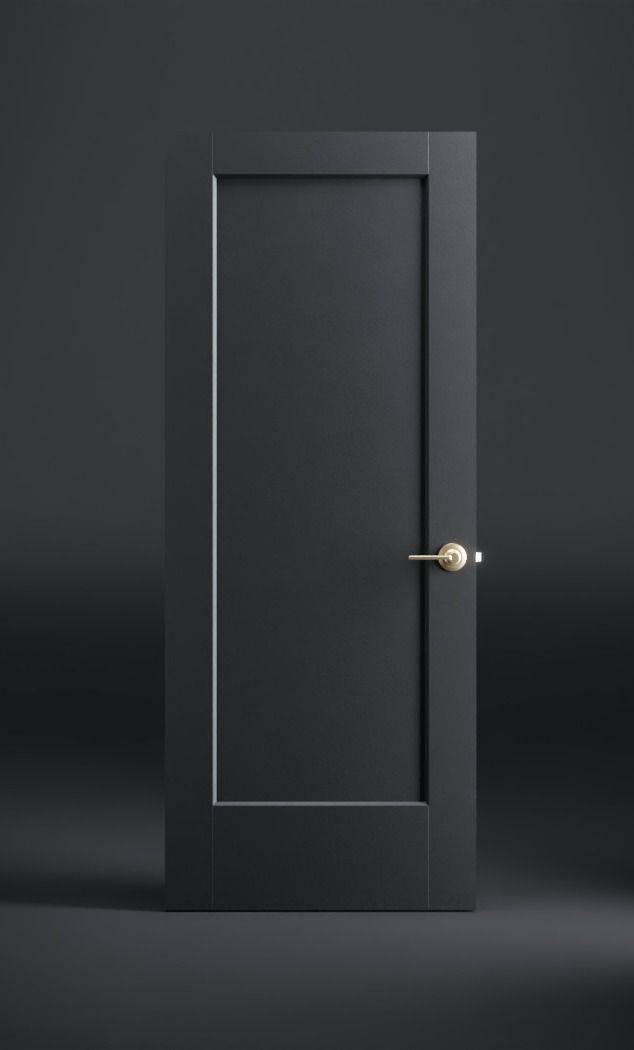 black lincoln park interior door Modern Interior Doors Black, Colors For Inside The House, Soft Black Interior Doors, Black Interior Door With Gold Hardware, Black Modern Interior Doors, One Panel Door Interiors, Matte Black Doors Interior, Black Vs White Interior Doors, Black Doors With Black Hardware