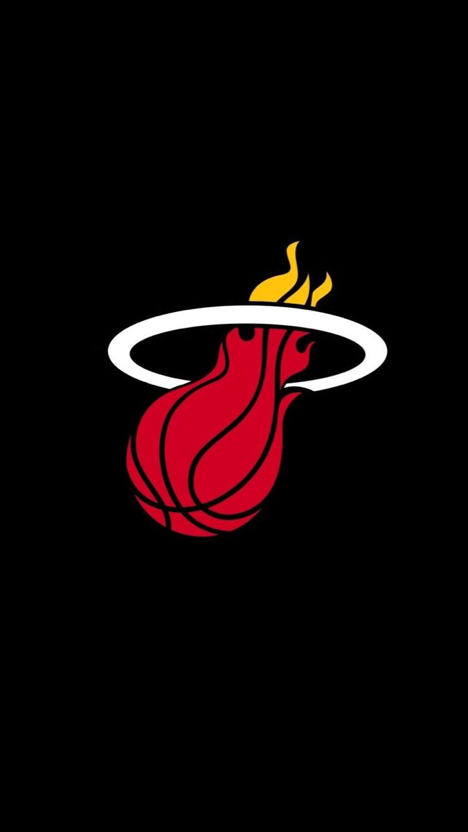 the miami heat logo is shown in red and white, with a gold ring around it