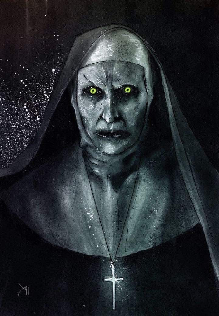 a painting of a nun with green eyes and a cross on her chest in the dark