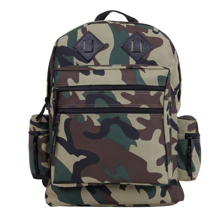 a camo print backpack with zippers on the front and side pockets, one pocket open