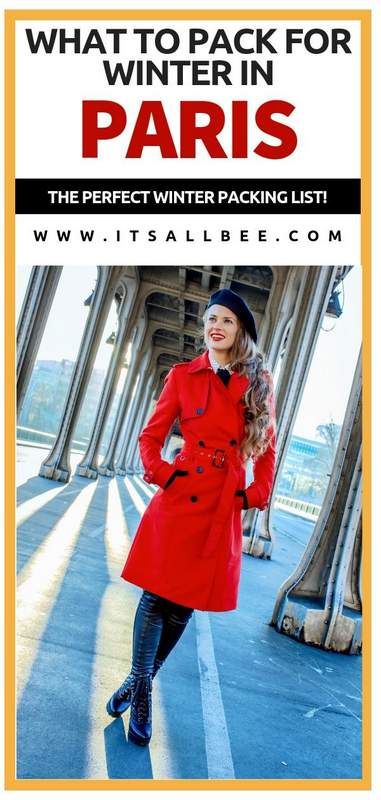 a woman wearing a red coat and black boots with the words what to pack for winter in paris