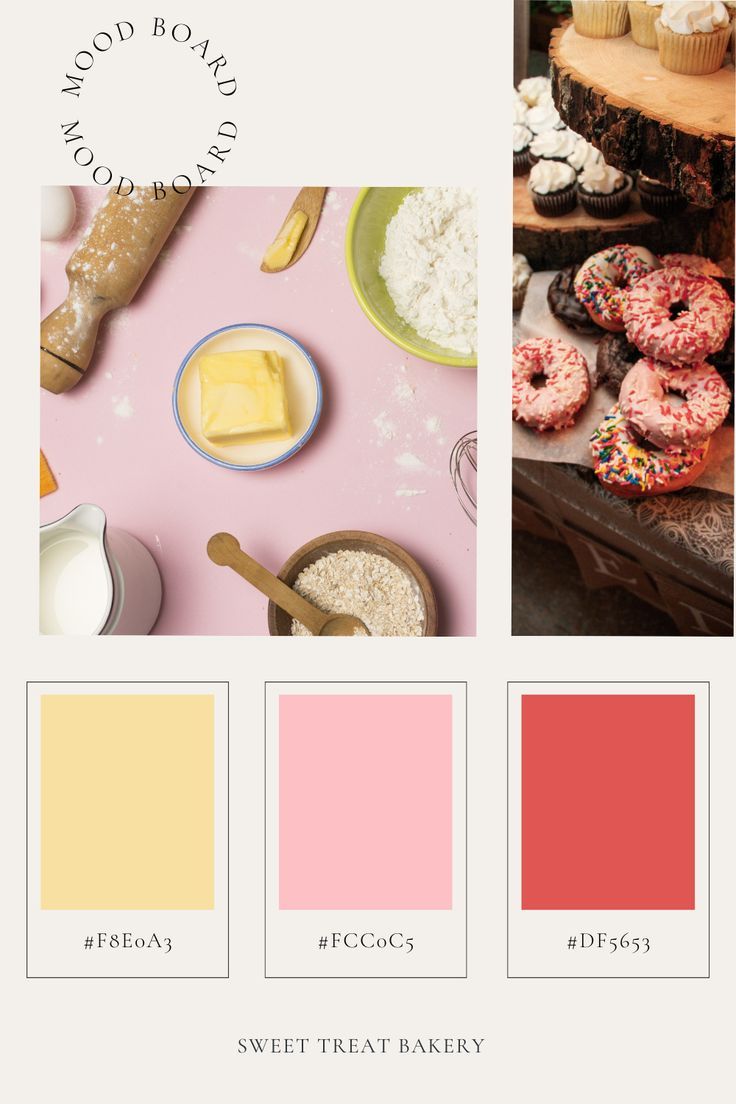 the color palette is pink, yellow, and red with some donuts on it