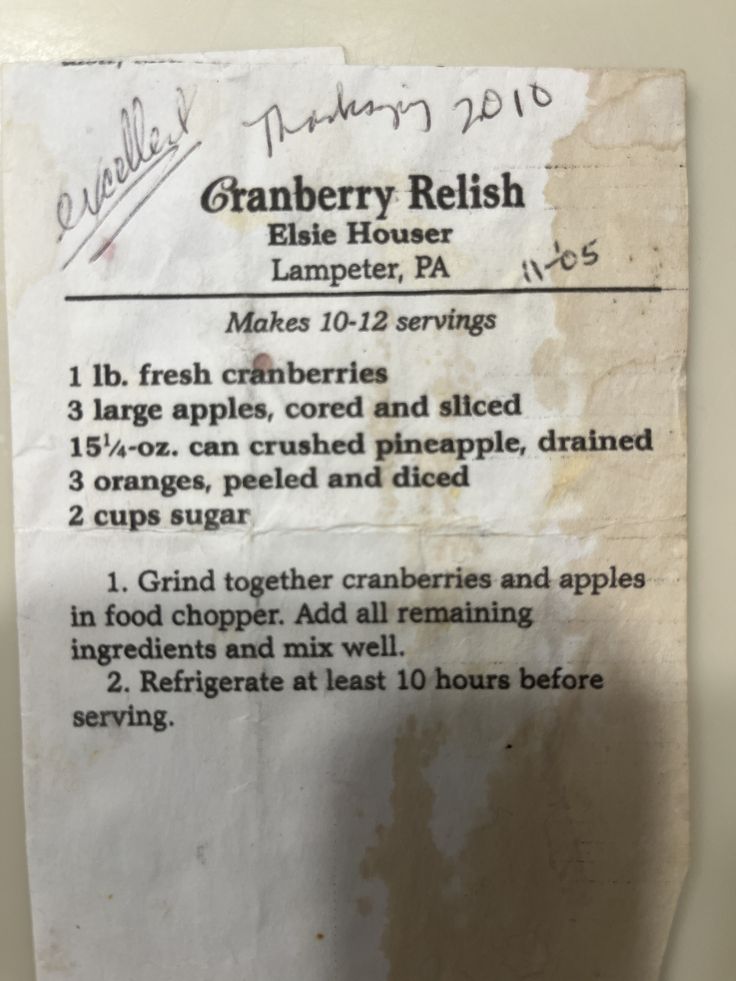 a recipe for cranberry relish on a piece of paper